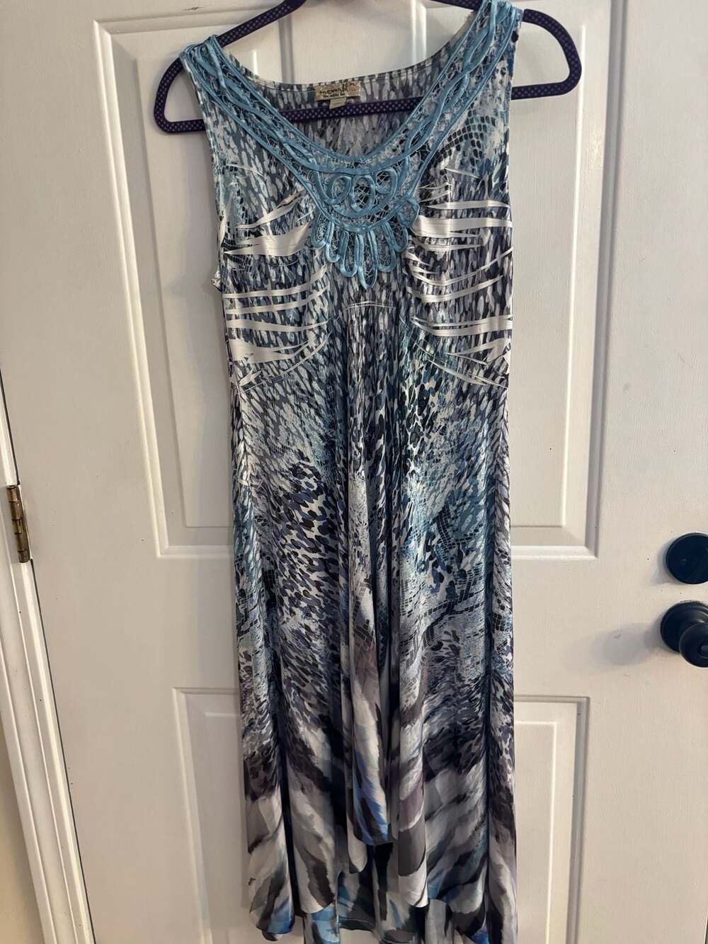 One World Live and Let Live Blue Animal Print Sleeveless Maxi Dress with Lace Ne